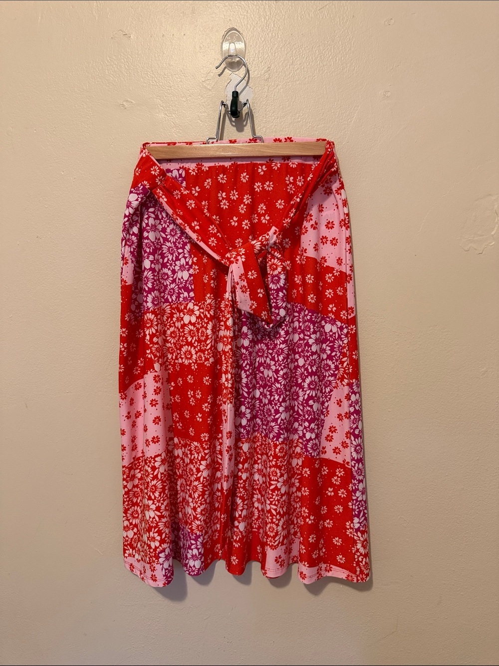 Cupio Red & Pink Floral Patchwork Midi Skirt with Front Tie